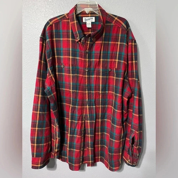 Duluth Trading Co Mens Relaxed Fit Flannel Shirt Size 2XL Tall Red/Yellow Plaid. - Picture 1 of 5